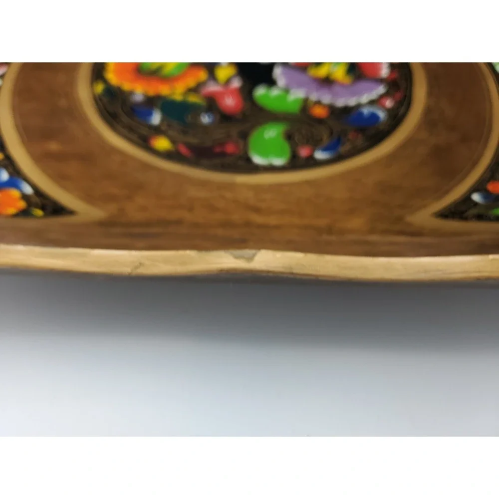 Vtg Mexico Batea Wood Hang Decor Serving Tray Handles Handpainted Bright Flowers